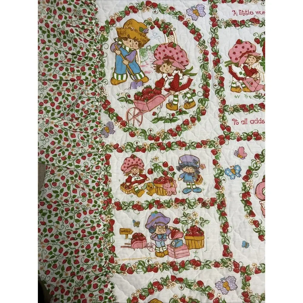 Vintage Strawberry Shortcake & Friends Quilt Comforter Coverlet Full Ruffles EC